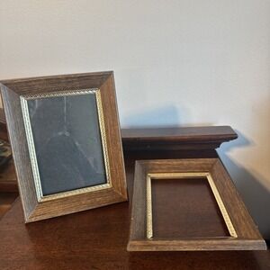 2 - 5 X 7" VNTG MCM Wood & Etched Brass Photo Picture Frame Pair Set